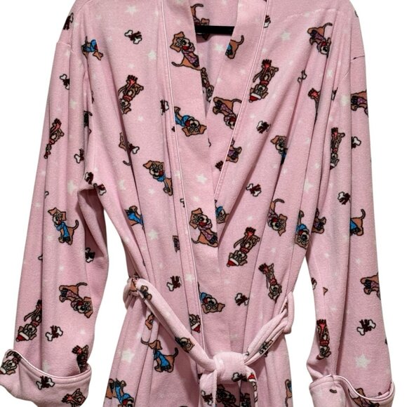 I. Appel Dog Print Fleece Pink Knee Length Belted Robe Womens Size Large - Picture 3 of 10